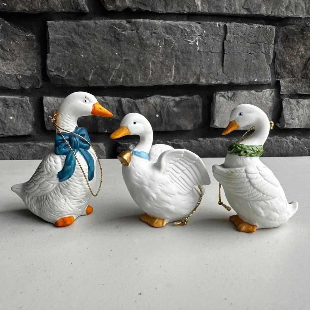 Vintage 90s Homco Country Goose Holiday Christmas Ornament Lot Set of 3 Granny